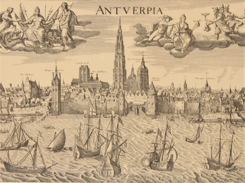 Gravure : panoramisch havenzicht van Antwerpen